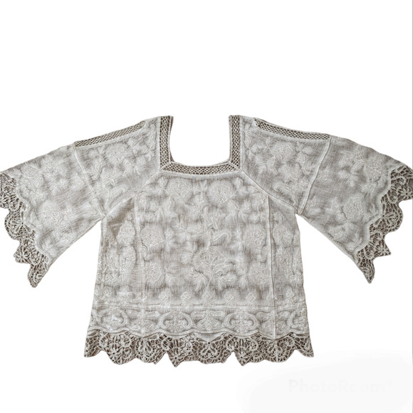 Democracy Tan and Cream Floral Embroidered Blouse with Bell Sleeves Size M - Picture 3 of 5